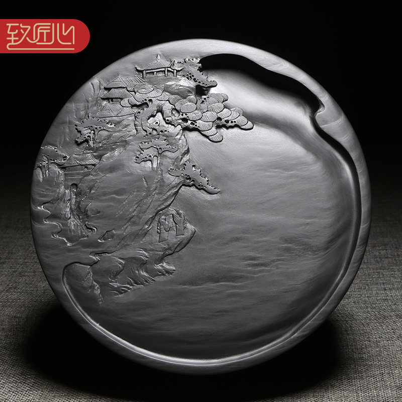 名师孤品匠心非遗歙砚/溪山胜景/天然原石砚台老坑眉纹文房四宝实用文房墨盘优端砚送礼自用佳品书法国画高档