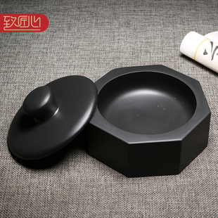 徽州歙砚/天然原石带盖砚台/精选金星手工制作文房四宝书法国画大容量储墨磨墨多功能实用墨池墨盒八角圆池砚