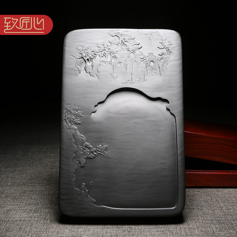 孤品/匠心非遗徽州歙砚名师作品天然老坑眉纹原石手工高档实用安徽砚长方台文房礼品龙尾山文房四宝送礼佳品