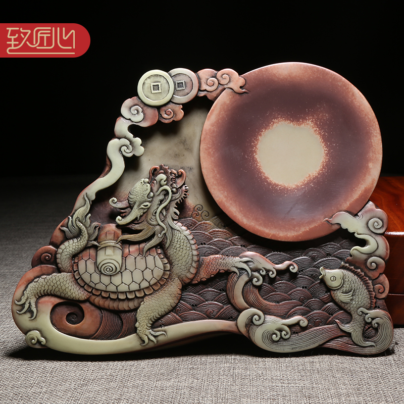 徽州歙砚大师柯崇砚台作品《龙龟献瑞》天然原石紫袍玉带玉石手工砚台紫袍玉黛端砚四大名砚高档收藏配木盒