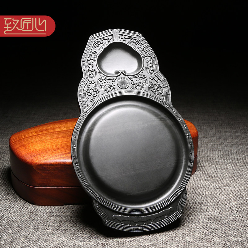 匠心非物质文化遗产 安徽歙砚天然原石砚台仿古铜镜砚老坑砚台实用高档磨墨条墨锭文房四宝砚台配香樟木盒