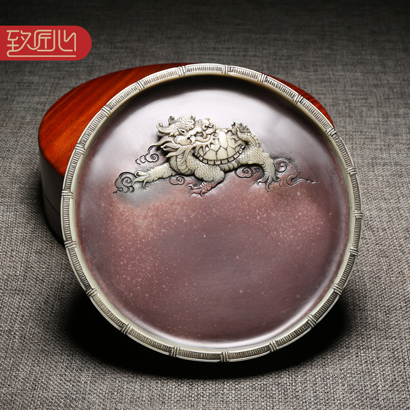 匠心非遗匠心制砚大师手工两面雕刻孤品歙砚技艺 /龙龟献瑞/天然原石紫袍玉带老坑歙砚工艺仿古礼品收藏砚台