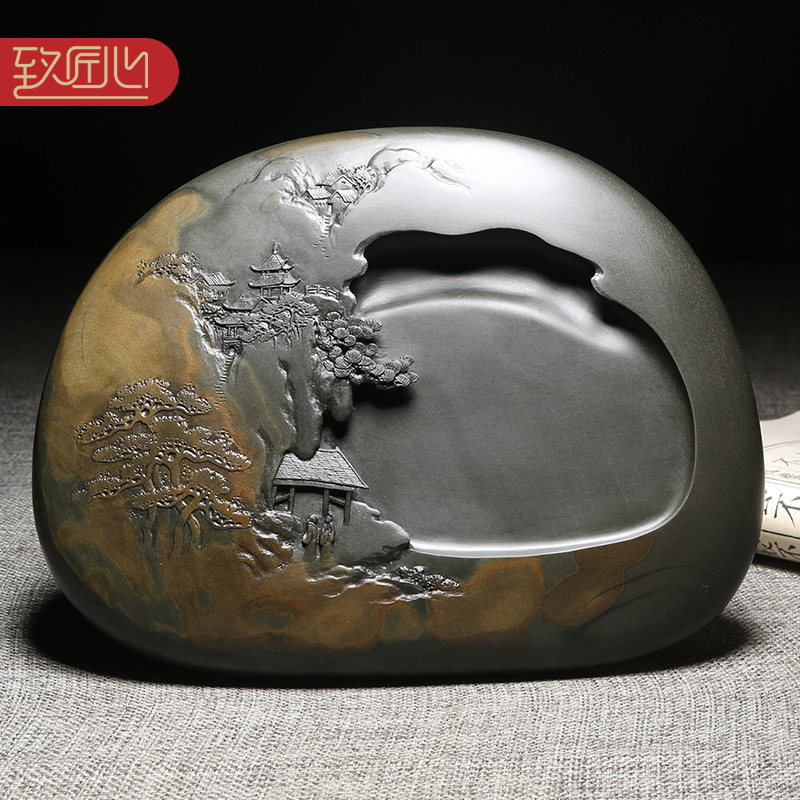 匠心非物质文化遗产名师浮雕作品精手工雕刻天然龙尾山老坑金晕原石手工大师歙砚高档摆件砚台收藏江南晨雾
