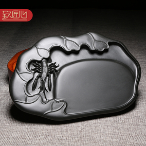 匠心非遗歙砚名师作品《清趣/荷趣》浮雕创意砚台 龙尾山天然原石老坑黑龙尾砚台高档次立体摆件收藏送礼佳品