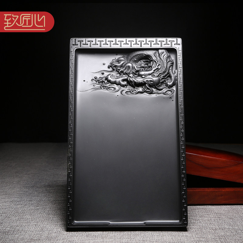 匠心非遗大师歙砚匠心手工雕刻老坑作品徽州名砚龙尾山金星原石精雕砚台精品素池实用收藏礼品珍藏高档砚台