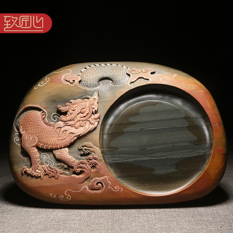 名师名砚/匠心非遗歙砚精手工作品/中华龙/浮雕老坑金晕籽料原石砚台文房高档摆件送礼佳品收藏四大名砚