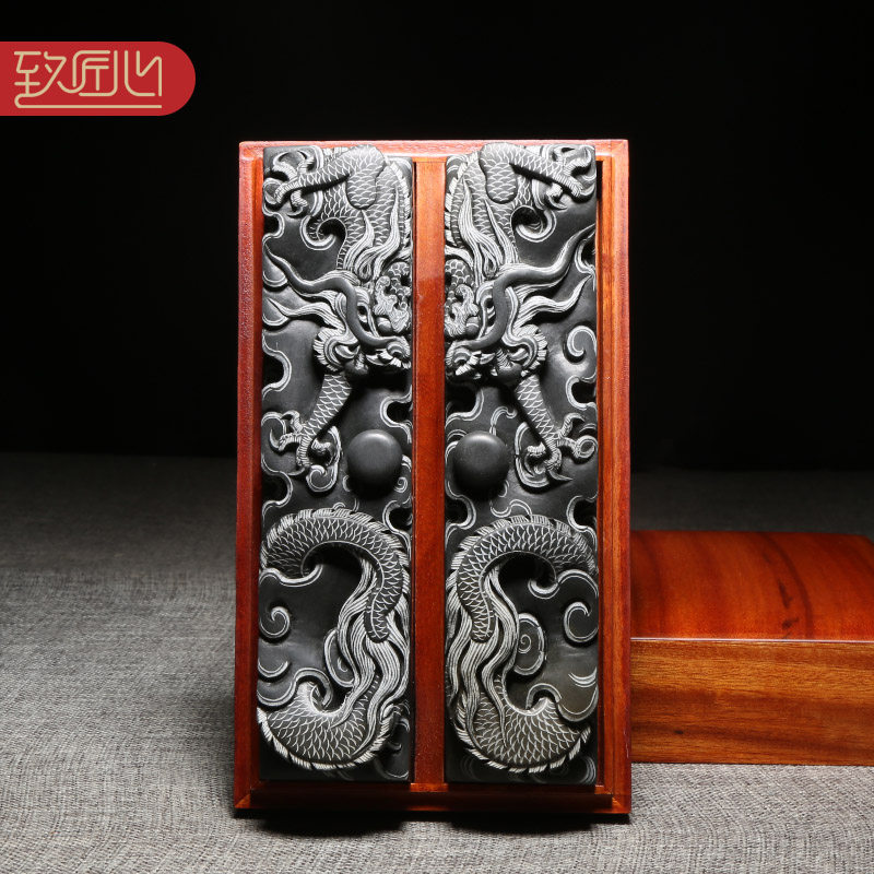 匠心非遗名师手工中华传统工艺大师作品《双龙戏珠》镇纸镇尺精手工原石文镇收藏礼品歙砚送礼佳品配木盒