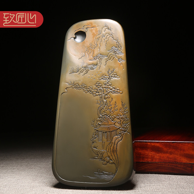 匠心非遗安徽砚台名师作品《锦绣山河》立体浮雕砚台天然原石磨墨条墨块砚文房歙砚金晕老坑高档送礼配木盒