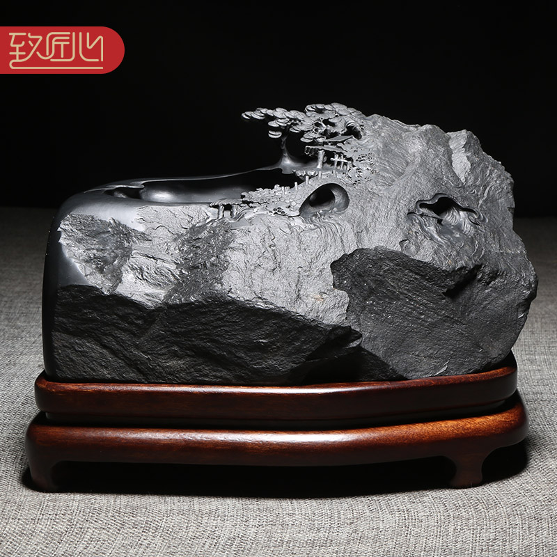 匠心非遗歙砚名师作品《大好河山》歙砚天然原石老坑黑龙尾砚台文房四宝收藏送礼实用手工雕刻四大名砚