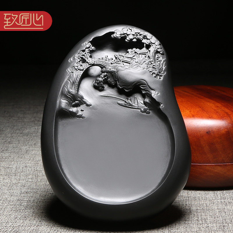 徽州歙砚名师作品四大名砚之—浮雕砚台老坑黑龙尾天然原石高档龙尾砚《渔樵耕读》端砚礼品砚收藏木盒送礼