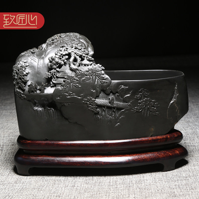 匠心非遗歙砚名师《溪山胜景》龙尾山老坑黑龙尾原石浮雕端砚高档次书房办公室摆件砚台收藏送礼佳品四大名砚