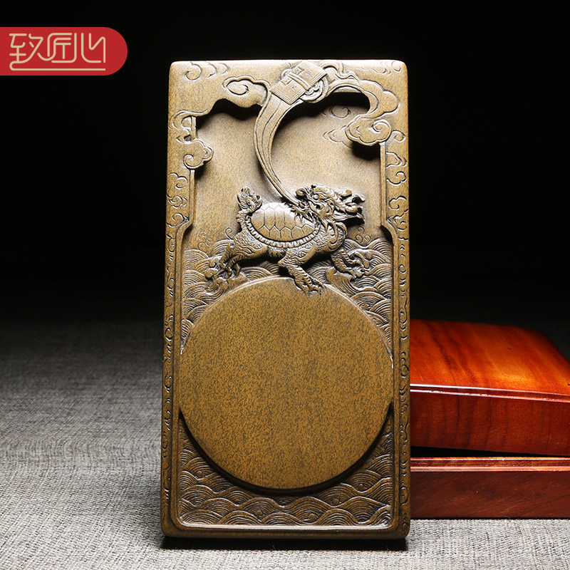 匠心非物质文化遗产柯崇大师作品 老坑砚台天然龙尾山原石精手工雕刻 用品歙砚老坑黄鱼籽配樟木盒龙龟献瑞