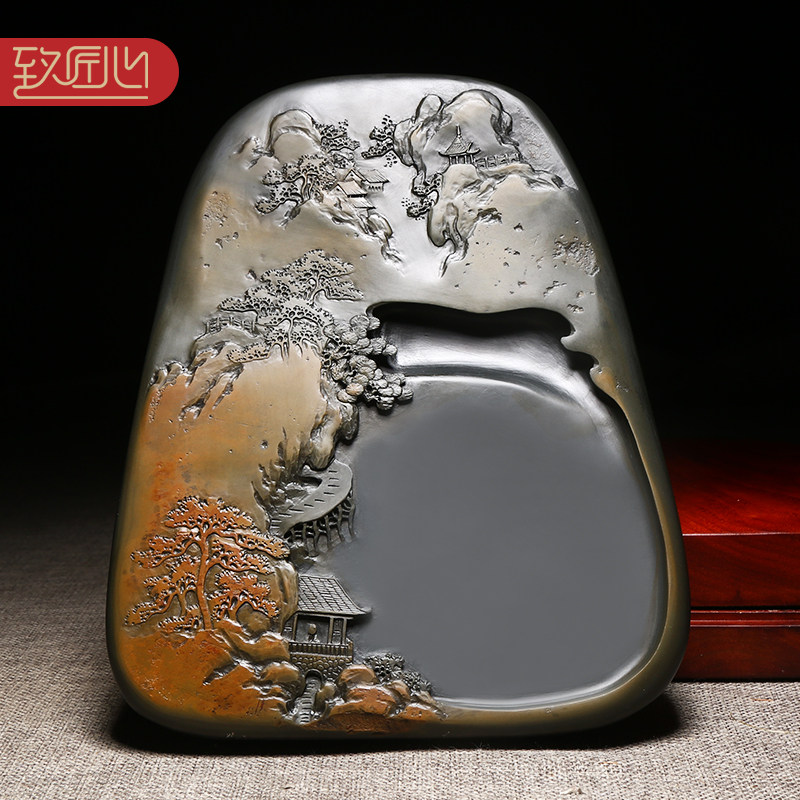 名师名砚/匠心非遗歙砚大师作品/锦绣江南/手工立体浮雕老坑金晕籽料砚台文房办公室高档摆件送礼收藏配木盒