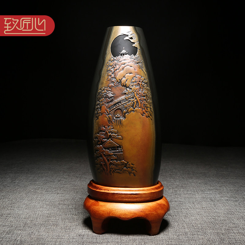 匠呈名师创意设计新中式复古简约笔筒/花插摆件徽州歙县高档天然原石老坑砚台龙尾山金皮办公室书房高档摆件