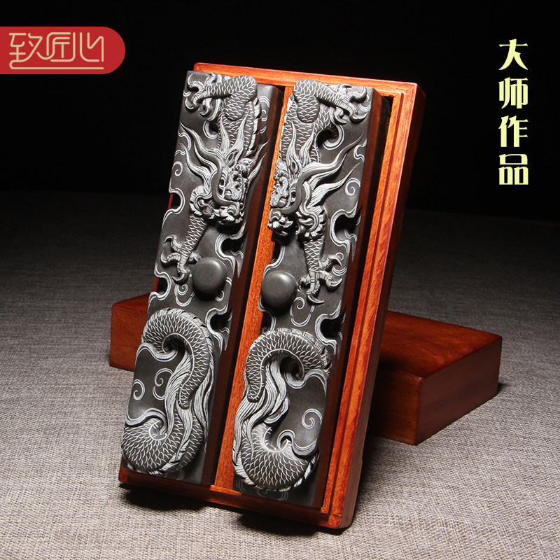 匠心非物质文化遗产 中华传统工艺大师作品《双龙戏珠》镇纸镇尺精手工原石文镇收藏礼品歙砚送礼佳品配木盒