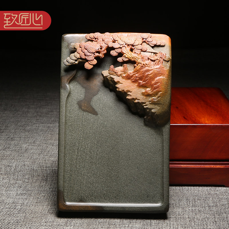 匠心非遗工艺美术师名师手工作品《静听松风》精选歙砚老坑金晕籽料原石砚台四大名砚摆件送礼佳品收藏馈赠