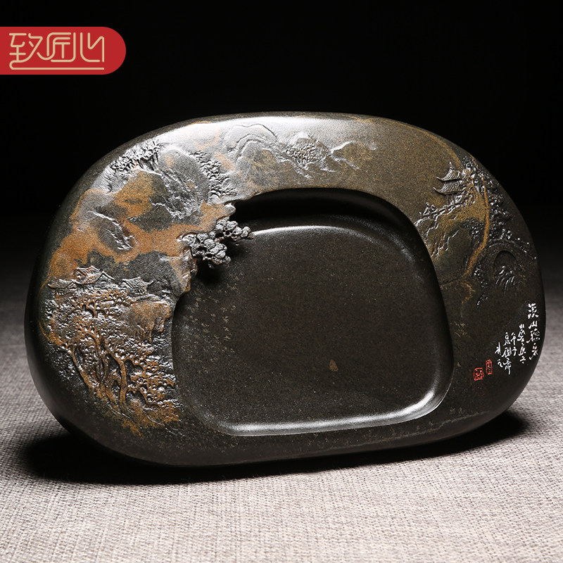 匠心非遗歙砚名师许亚祥作品手工精细雕刻作品/溪山听泉/金晕籽料老坑