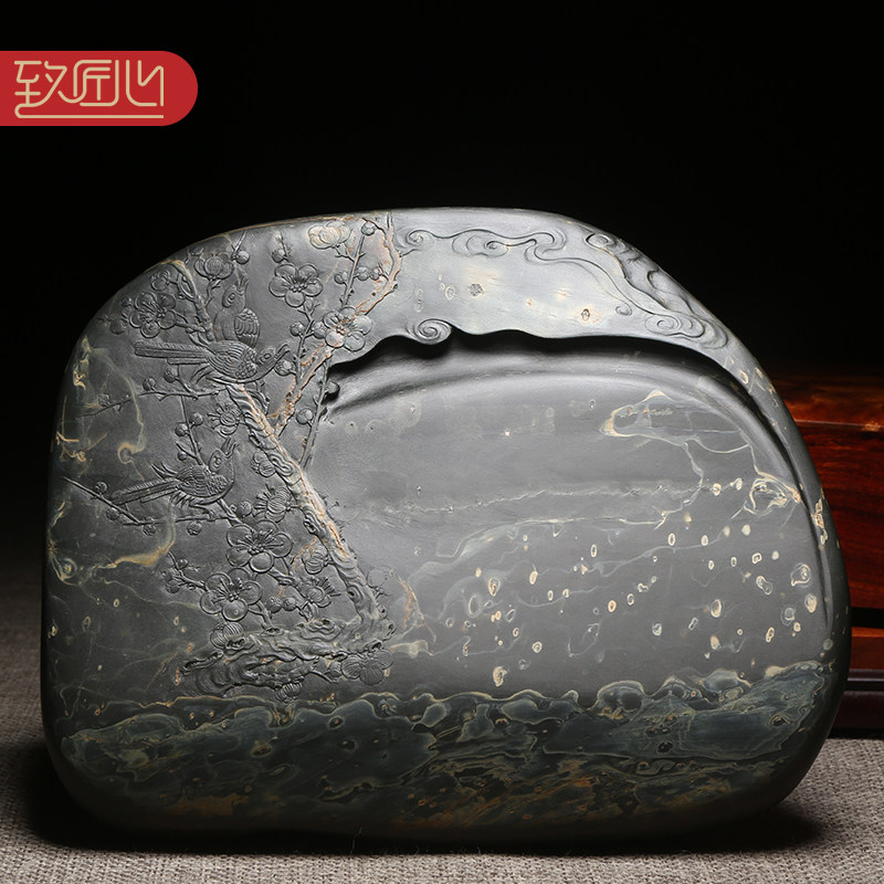 匠心非遗四大名砚之歙砚名师砚台/喜上梅梢/孤品天然原石金晕籽料文房四宝高档摆件手工雕刻老坑收藏送礼