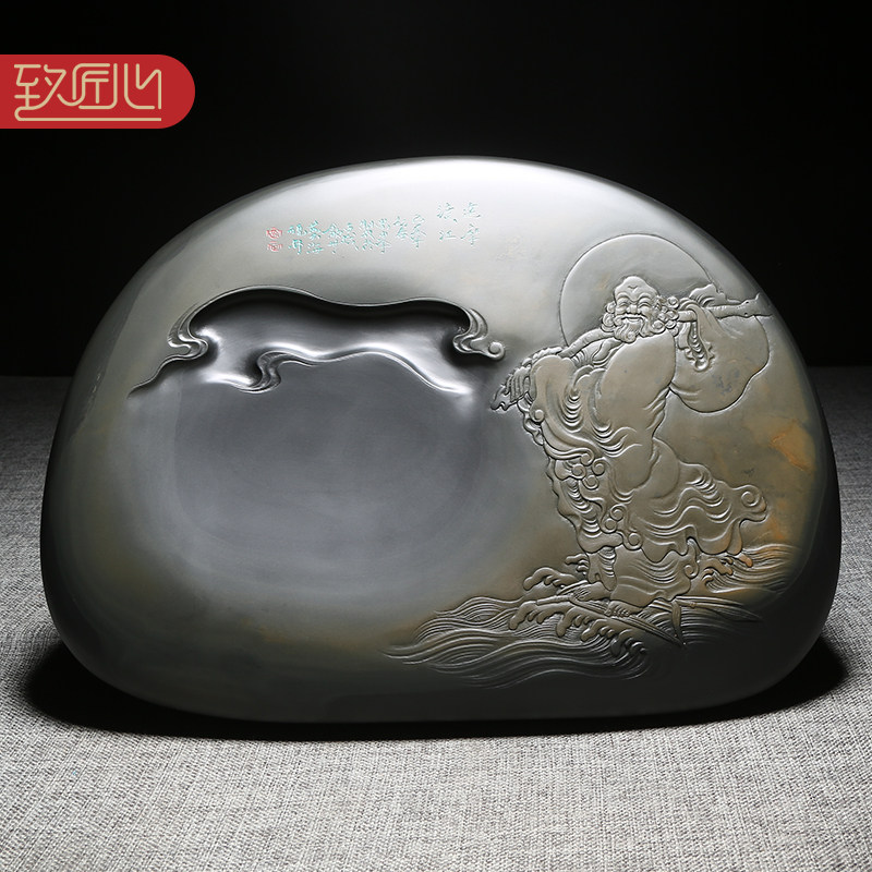 匠心非遗名师名砚孤品《达摩渡江》安徽砚台高档文房四宝天然原石老坑金晕籽料歙砚珍藏礼品送礼佳品巧雕自然