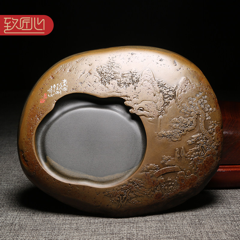 匠心非遗技艺歙砚名师精手工作品访友图龙尾砚手工原石老坑金晕籽料砚台收藏配木盒高档次文房办公室书房砚台