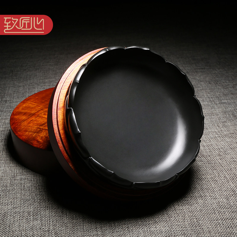 名师制砚匠心精手工雕刻立体徽州歙砚/莲花水盂墨海砚台/天然老坑原石实用砚台文房四宝高档礼品收藏送礼佳品