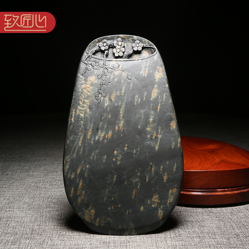 【名师名砚】《梅开五福》大师手工雕刻天然原石高档珍藏礼品歙砚端砚台四大名砚之一老坑水波纹金晕收藏馈赠