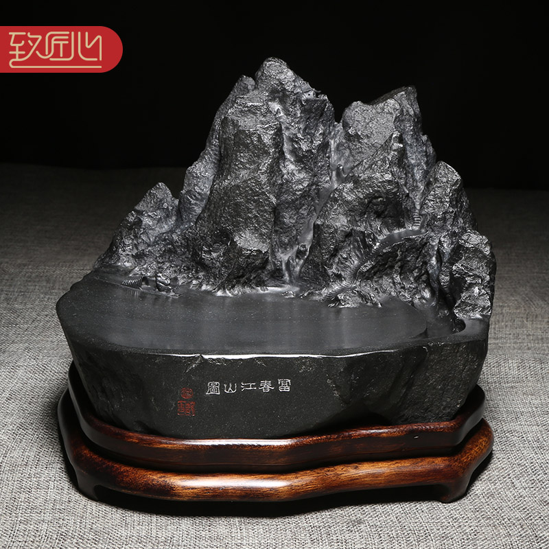 匠心非遗歙砚工艺美术大师作品《富春江山图》立体浮雕文房龙尾山籽料巧雕原石收藏送礼大气高档摆件四大名砚
