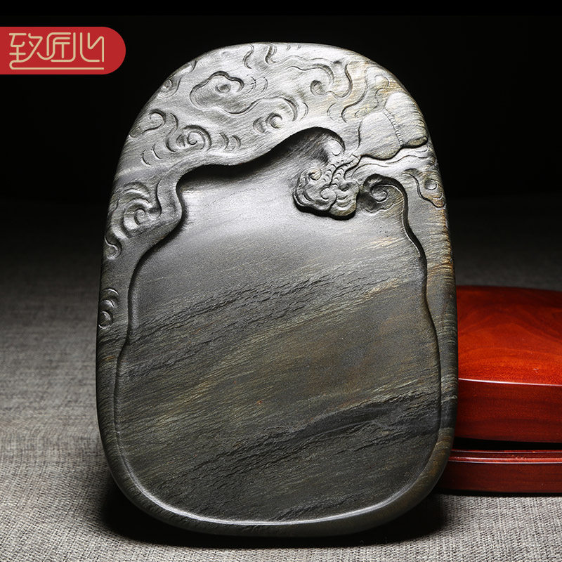 匠心非遗名师许亚祥歙砚手工雕刻老坑眉纹精品作品经典仿古素池砚龙尾山老坑原石高档素砚台收藏礼品吉祥如意