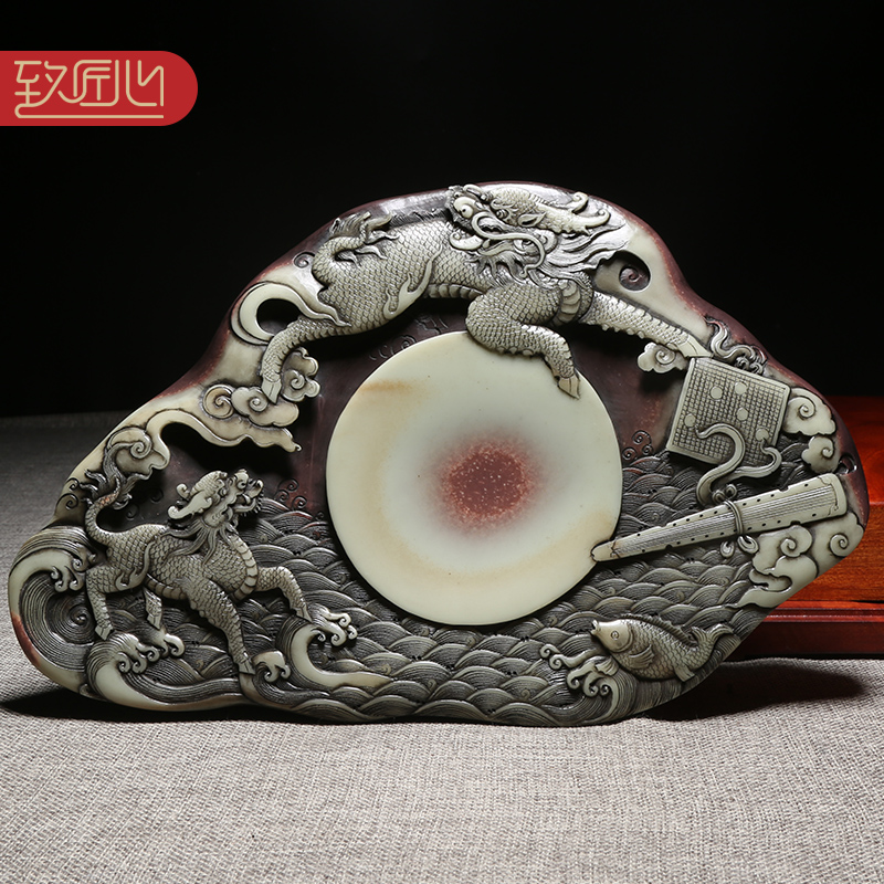 徽州歙砚大师柯崇砚台作品《麒麟送宝》天然原石紫袍玉带玉石手工砚台紫袍玉黛端砚四大名砚高档收藏配木盒
