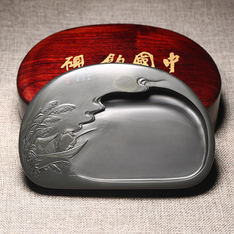 名师名砚/匠心非遗歙砚大师巴永成作品/江山渔者/龙尾山金晕籽料老坑原石砚台文房高档摆件送礼佳品收藏名砚