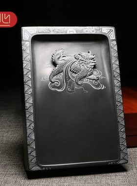 匠心非遗歙砚大师作品/麒麟献瑞/精手工仿古神兽题材籽料龙尾老坑砚台文房摆件送礼佳品收藏高档浮雕配木盒