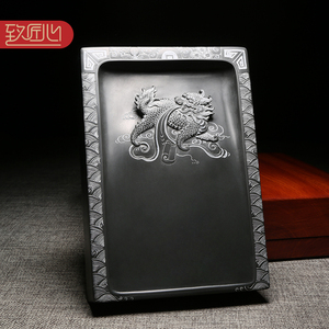 匠心非遗歙砚大师作品/麒麟献瑞/精手工仿古神兽题材籽料龙尾老坑砚台文房摆件送礼佳品收藏高档浮雕配木盒