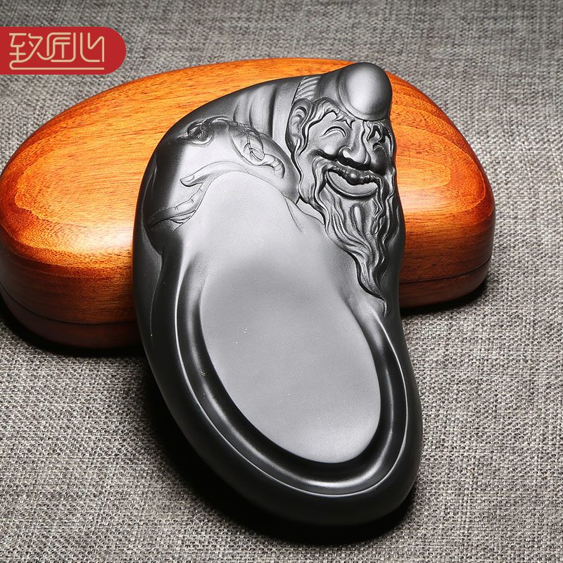【孤品名砚】精品原石砚台名师作品天然原石歙砚黑龙尾砚石端砚四大名砚手工雕刻文房四宝/福寿双全/寿星寿桃