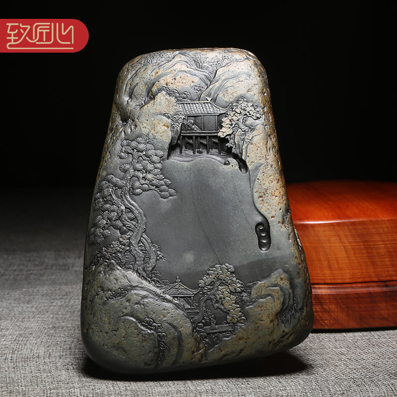 匠心非遗制砚大师作品《溪山胜景》精手工精雕细琢歙砚龙尾山老坑金晕籽料原石名师作品老坑高档收藏送礼佳品