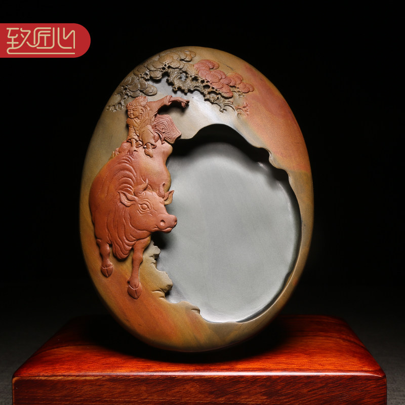 砚台大师作品《牧童遥指杏花村》手工歙砚龙尾山老坑金晕籽料原石文房四宝天然书法用品高档收藏送礼佳品