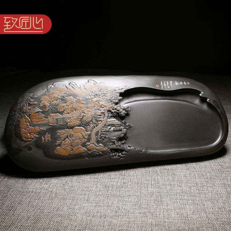 匠心非遗大师制砚精手工作品/江南秋韵/俏色巧雕老坑金晕高档歙砚龙尾山原石文房四宝配木盒四大名砚摆件收藏