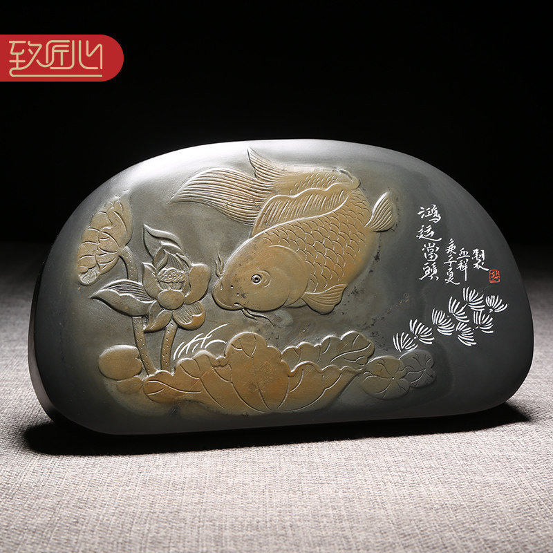 匠心非遗 歙砚名师许亚祥作品俏色巧雕原石/鸿运当头/立体雕刻老坑金晕砚台高档安徽文房摆件收藏送礼佳品