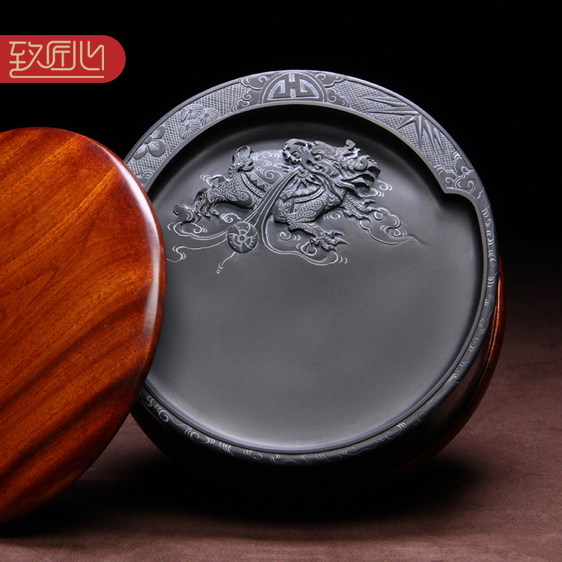 【名师名砚】匠心非遗歙砚精手工雕刻作品仿古神兽龙尾山老坑黑龙尾原石高档素池砚台圆形收藏礼品古董摆件