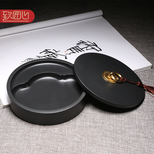 徽州歙砚/天然原石带盖砚台/精选金星手工制作文房四宝书法国画大容量储墨磨墨多功能实用墨池墨盒黄铜拉环