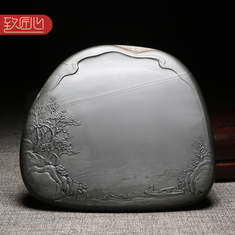 徽州四大名砚之一传统歙砚老坑眉纹籽料藏品眉子坑老坑原石龙尾砚文房收藏品名师雕刻高档送礼佳品配黑檀木盒