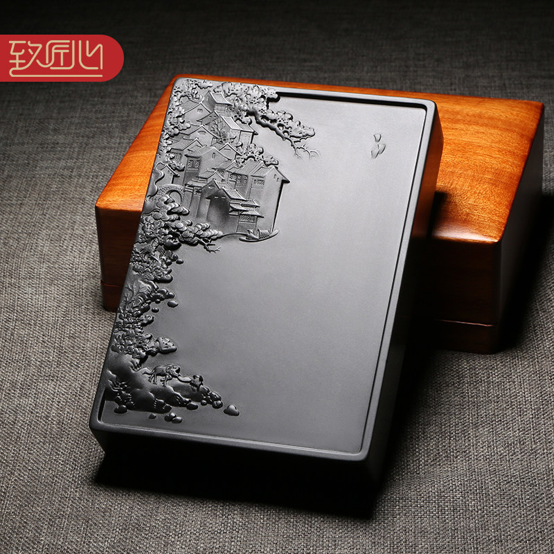 匠心非遗大师作品《徽州人家》天然原石老坑黑龙尾歙砚精手工艺砚台精雕安徽徽州景色文房四宝礼品砚高档收藏