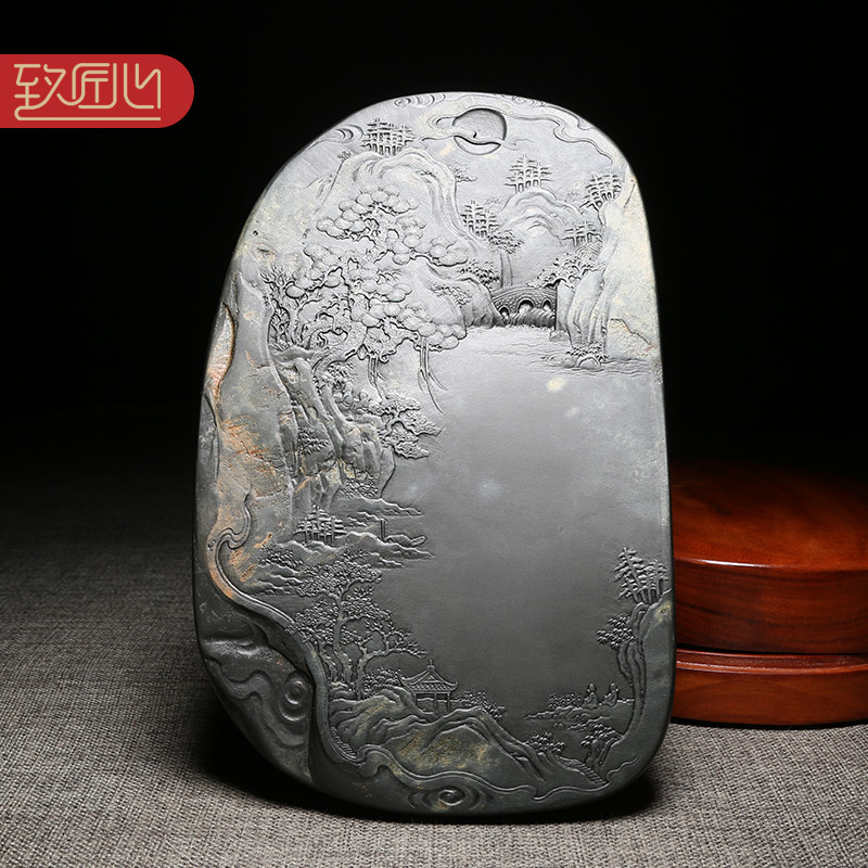 匠心非遗名师名砚《烟江初晓》安徽砚台高档大师手工天然原石老坑金星坑金晕籽料歙砚珍藏礼品送礼佳品配木盒