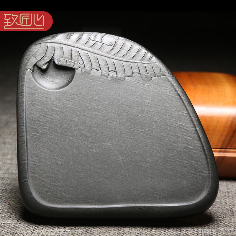 名师歙砚作品/蕉叶砚/精手工雕刻天然原石老坑罗纹收藏送礼佳品文房实用孤品砚台龙尾山罗纹坑收藏馈赠配木盒