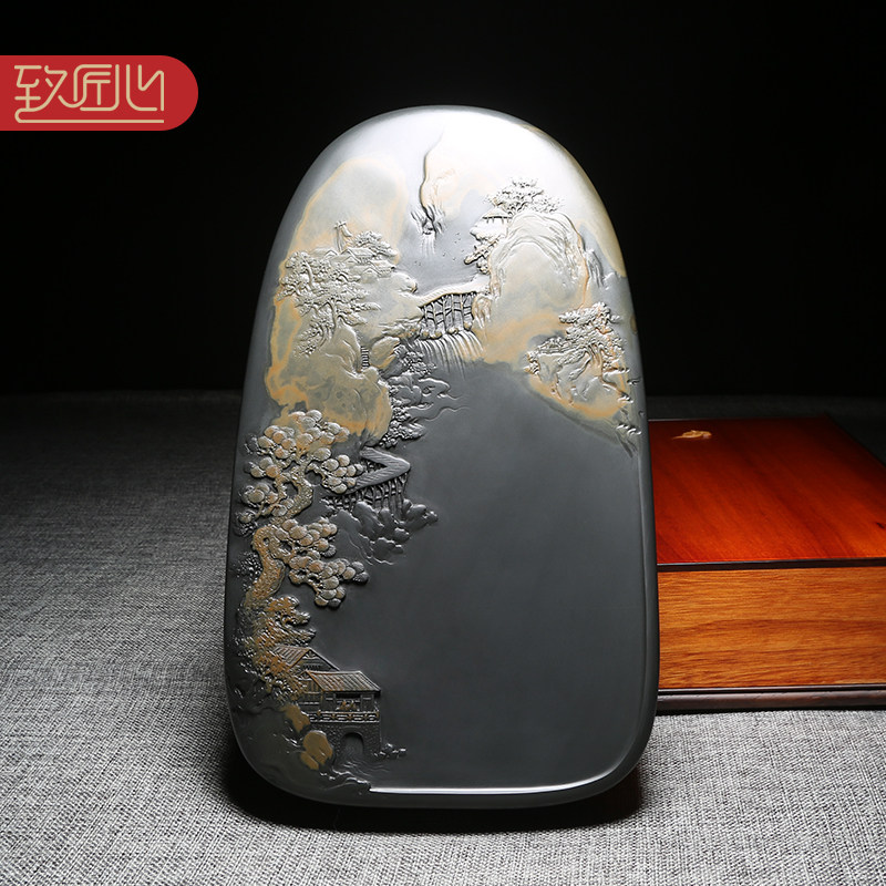 【典藏珍品】匠心非遗名师歙砚天然原石龙尾山金晕籽料砚台安徽歙砚高档手工雕刻老坑文房礼品收藏砚大气摆件
