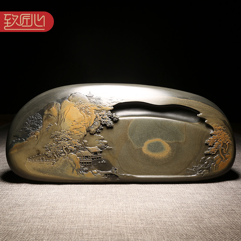 匠心非遗四大名砚之一歙砚名师作品《湖光秋色》龙尾山老坑金晕籽料高档浮雕高档文房摆件端砚收藏送礼佳品