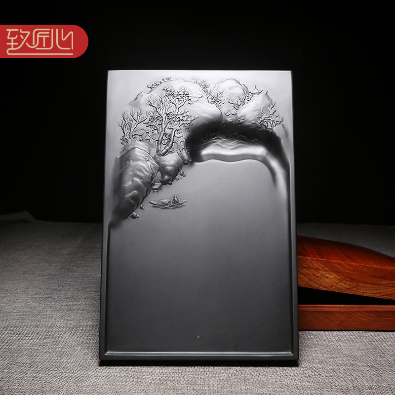 匠心非物质文化遗产 安徽歙砚天然原石砚台/高山流水/8寸老坑砚台实用高档磨墨条墨锭文房四宝砚台配香樟木盒