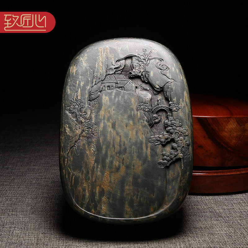 徽州歙砚/湖光山色/匠心非遗名师许亚祥作品原石精手工雕刻老坑金晕籽料龙尾砚高档砚台研墨文房四宝实用收藏