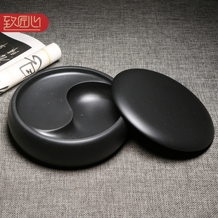 徽州歙砚/天然原石带盖砚台/精选金星手工制作文房四宝书法国画大容量储墨磨墨多功能实用墨池墨盒八卦圆池砚