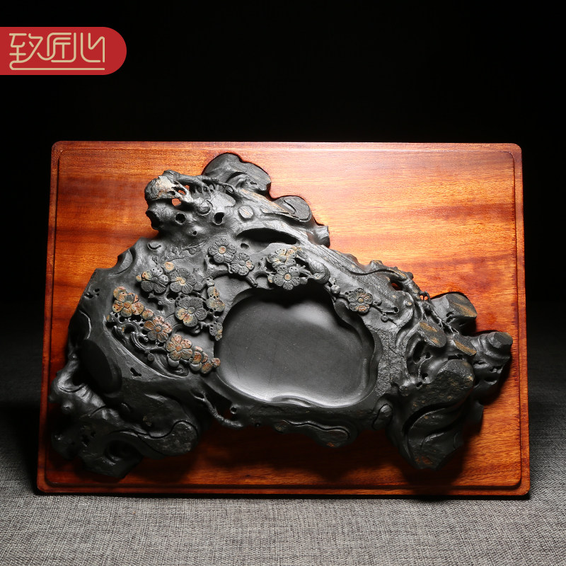 名砚名师制作精品原石砚台/梅开五福/ 歙砚老坑金星坑金晕原石龙尾山砚台高档四大名砚手工雕刻文房四宝木盒