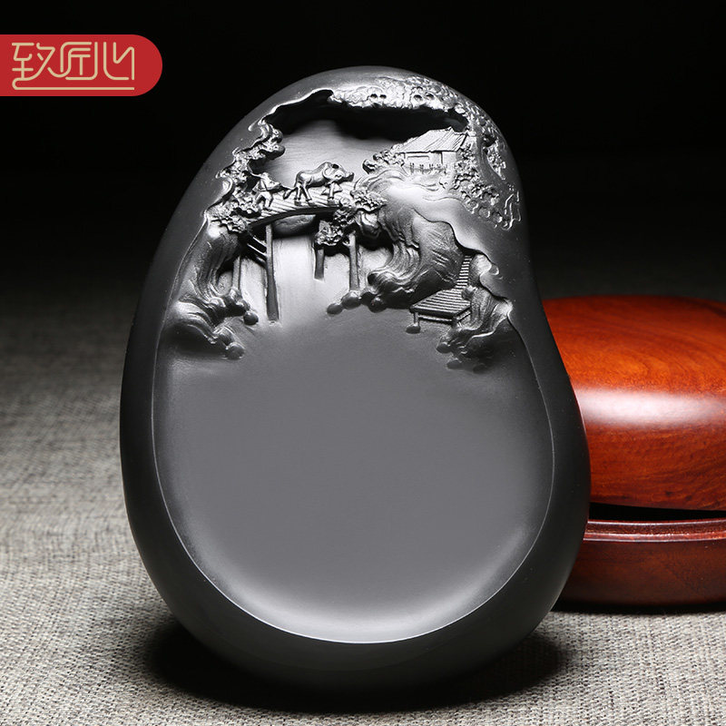 徽州歙砚名师作品四大名砚之—浮雕砚台老坑黑龙尾天然原石高档龙尾砚《渔樵耕读》端砚礼品砚收藏木盒送礼
